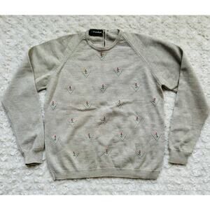 VTG 80s Tricot de Luxe madem Italian Grey Embroidered Floral Merino Wool Sweater